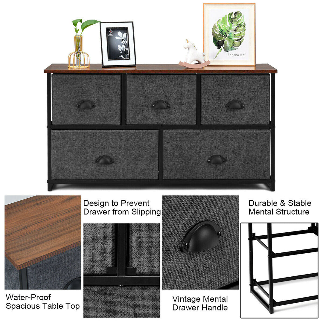 5 Drawers Dresser Storage Unit Side Table Display Organizer Dorm Room Wood Black Image 8