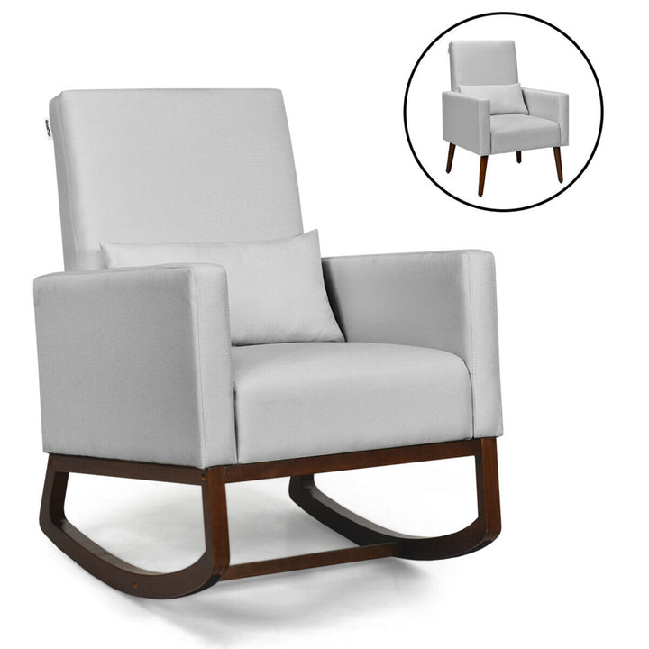 2-in-1 Fabric Upholstered Rocking Chair Nursery Armchair with Pillow Light Grey Image 1