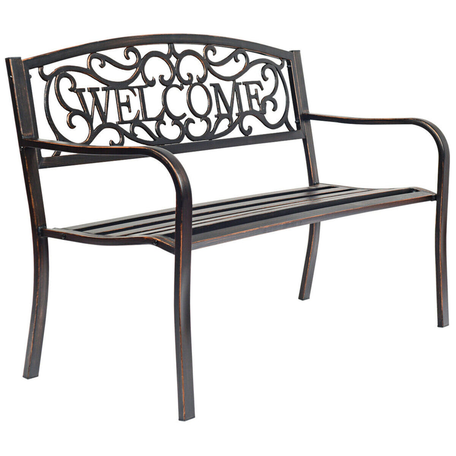 Antique Metal Garden Bench Patio Park Outdoor w/ Armrest Welcome Pattern Image 1