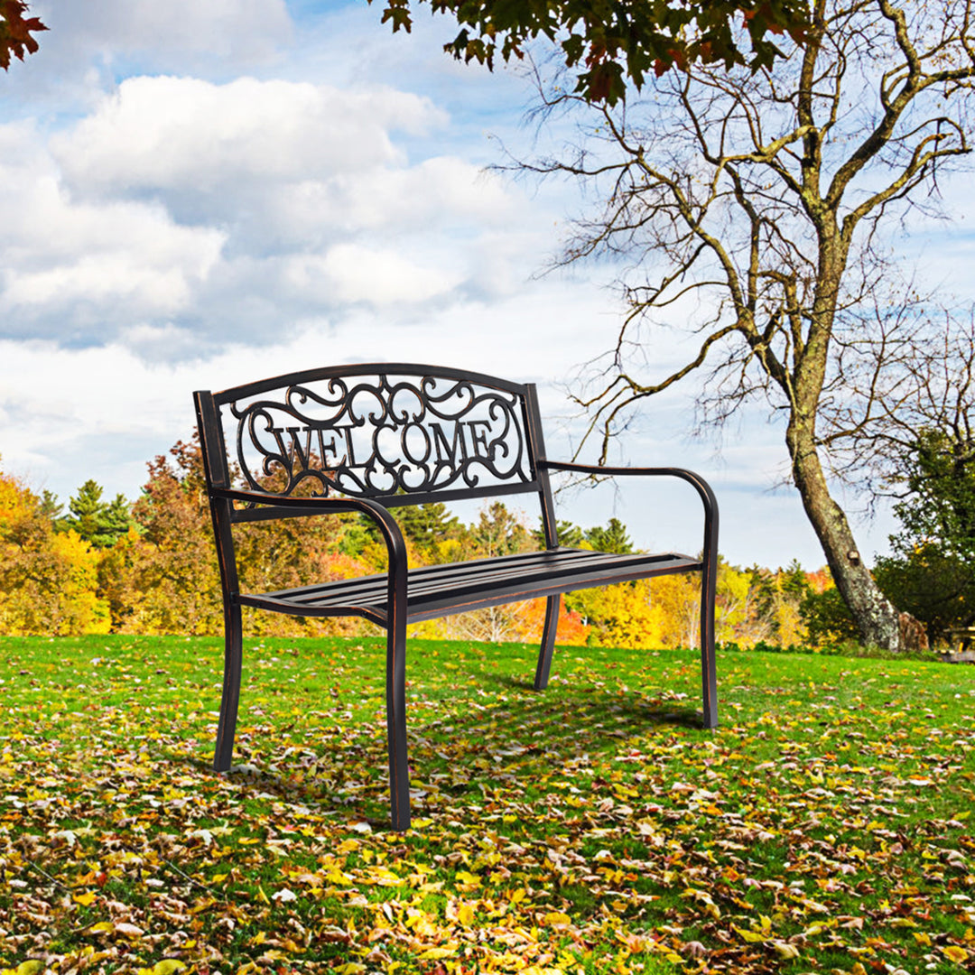 Antique Metal Garden Bench Patio Park Outdoor w/ Armrest Welcome Pattern Image 3