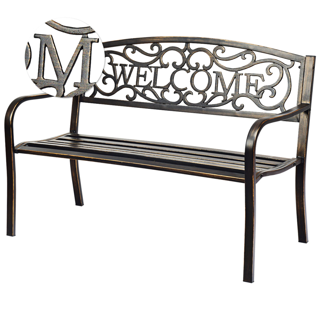 Antique Metal Garden Bench Patio Park Outdoor w/ Armrest Welcome Pattern Image 4