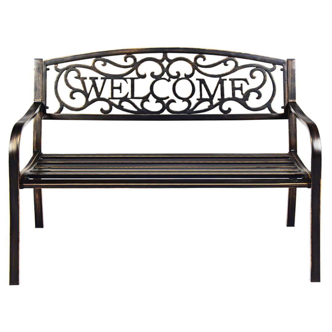 Antique Metal Garden Bench Patio Park Outdoor w/ Armrest Welcome Pattern Image 5