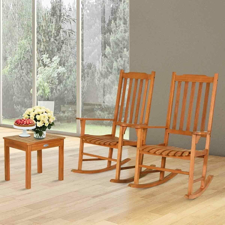 3 PCS Eucalyptus Rocking Chair Set W/ Coffee Table 2 Wood Conversation Chairs Image 3