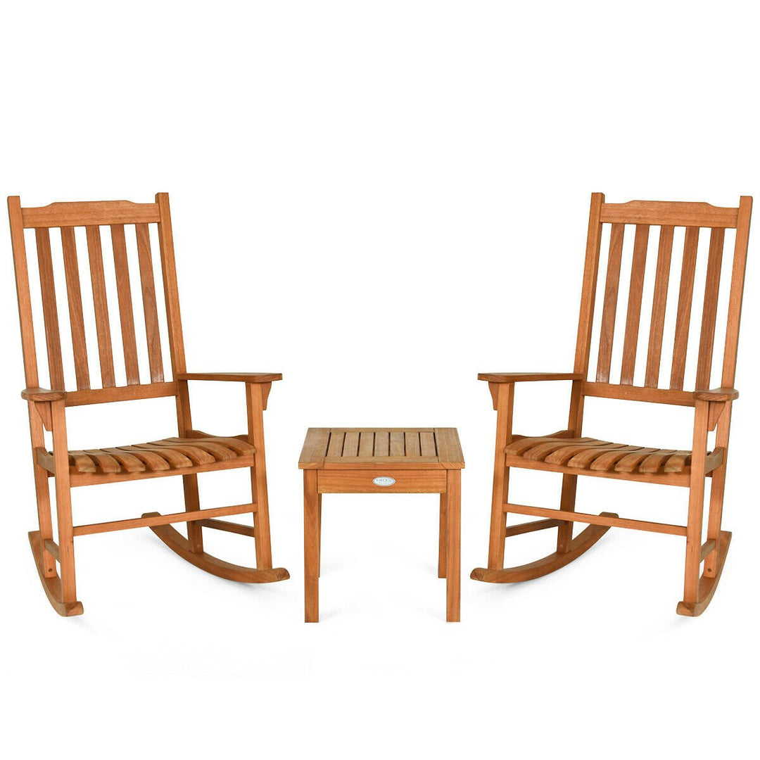 3 PCS Eucalyptus Rocking Chair Set W/ Coffee Table 2 Wood Conversation Chairs Image 2