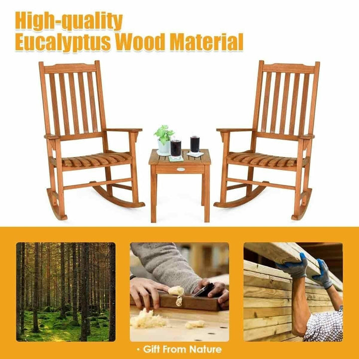 3 PCS Eucalyptus Rocking Chair Set W/ Coffee Table 2 Wood Conversation Chairs Image 9