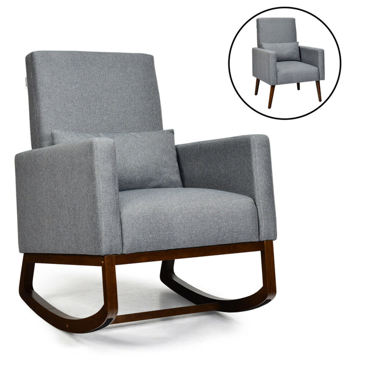 2-in-1 Fabric Upholstered Rocking Chair Nursery Armchair with Pillow Dark Grey Image 1