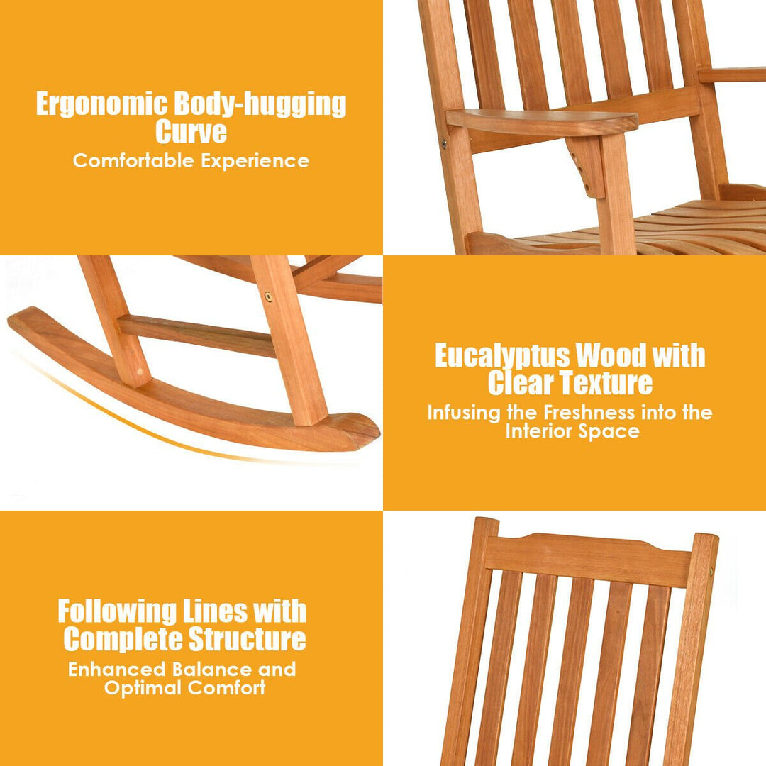 3 PCS Eucalyptus Rocking Chair Set W/ Coffee Table 2 Wood Conversation Chairs Image 4