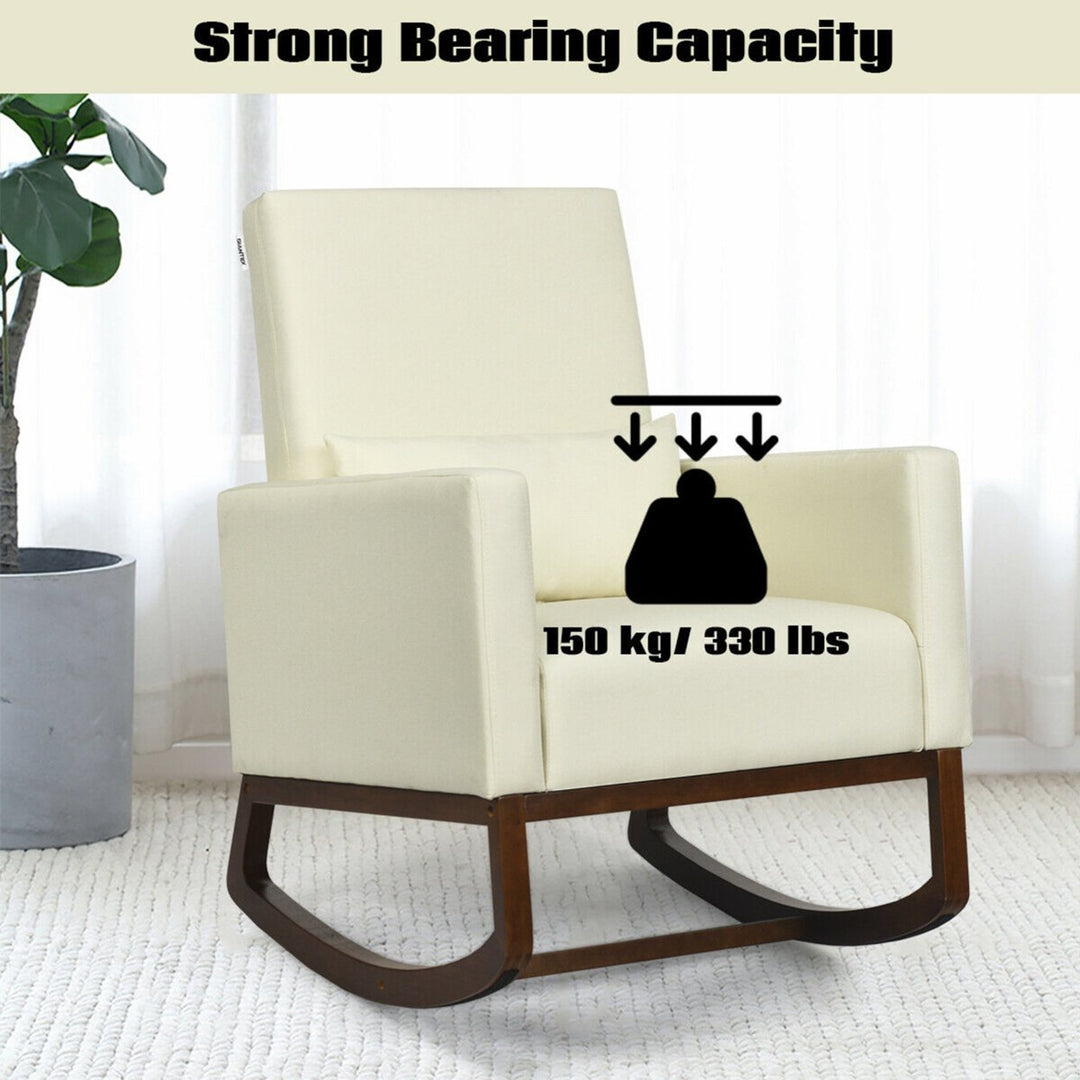 2-in-1 Fabric Upholstered Rocking Chair Nursery Armchair with Pillow Beige Image 7