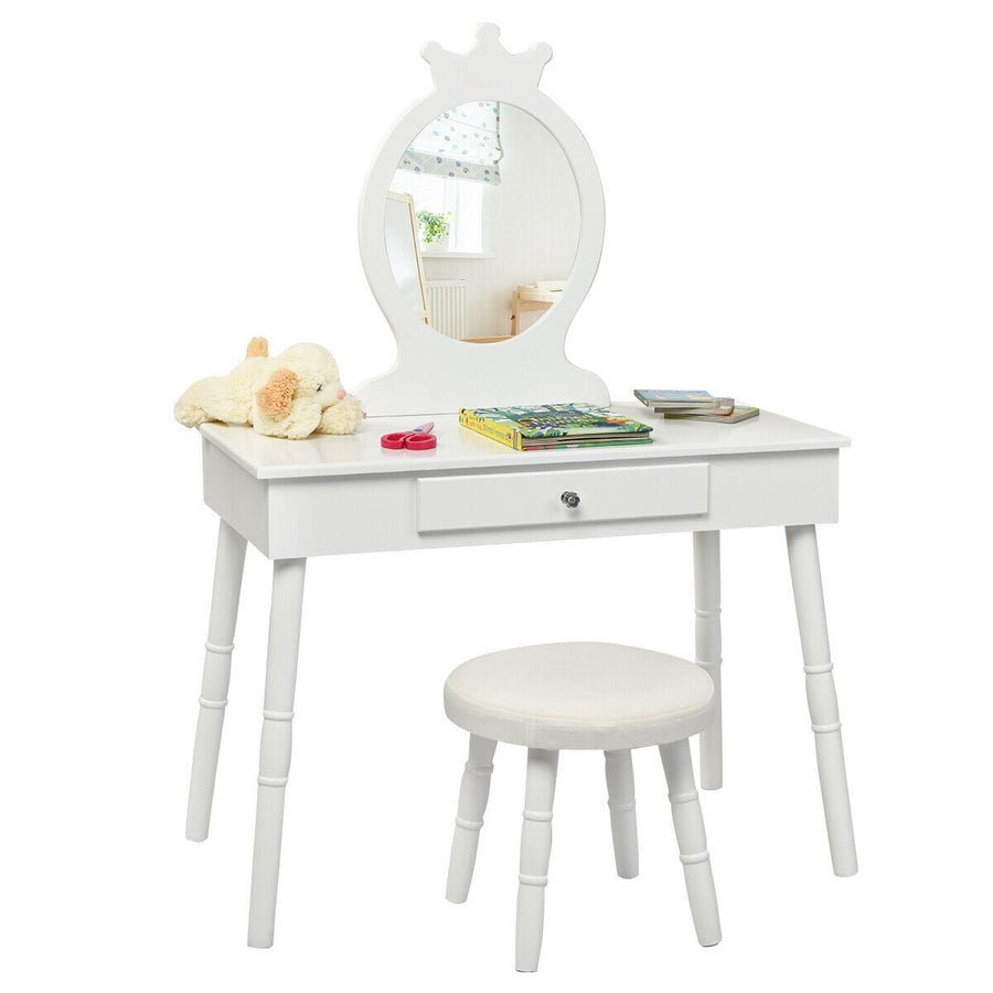 Kids Vanity Makeup Table and Chair Set Make Up Stool Play Set for Children White Image 1