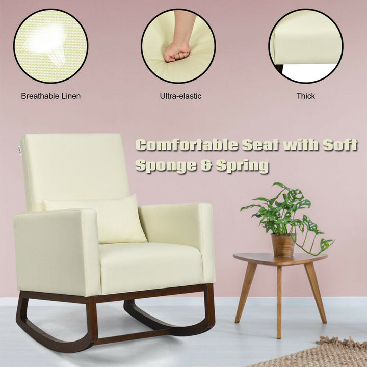 2-in-1 Fabric Upholstered Rocking Chair Nursery Armchair with Pillow Beige Image 8