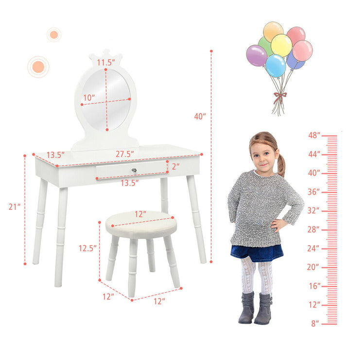 Kids Vanity Makeup Table and Chair Set Make Up Stool Play Set for Children White Image 2