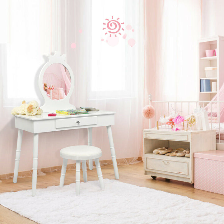 Kids Vanity Makeup Table and Chair Set Make Up Stool Play Set for Children White Image 3