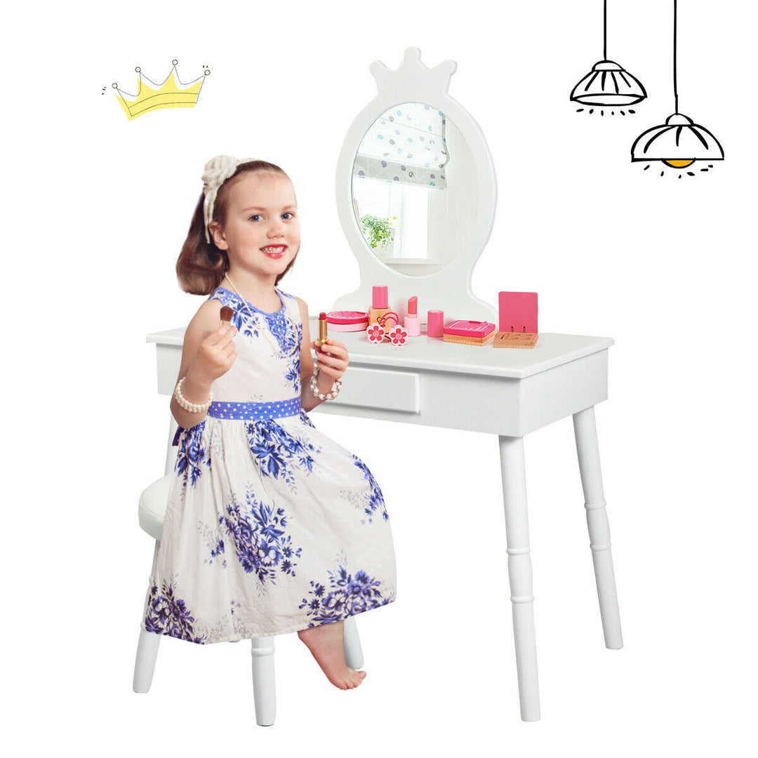 Kids Vanity Makeup Table and Chair Set Make Up Stool Play Set for Children White Image 6