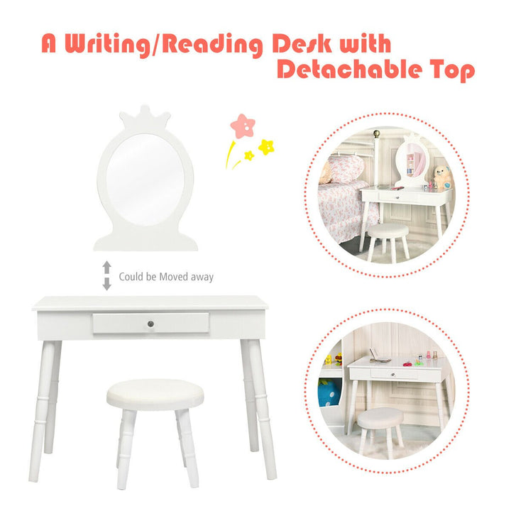 Kids Vanity Makeup Table and Chair Set Make Up Stool Play Set for Children White Image 7