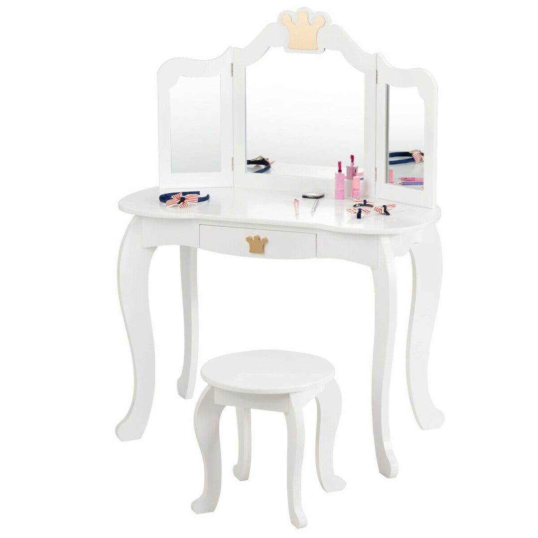 Kids Makeup Dressing Table Chair Set Princess Vanity and Tri-folding Mirror White Image 1