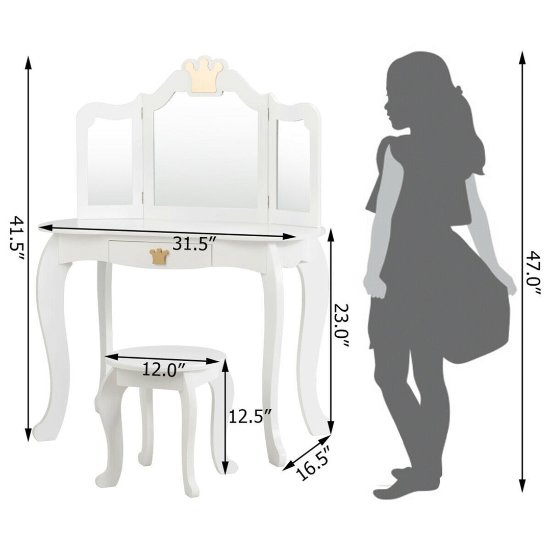 Kids Makeup Dressing Table Chair Set Princess Vanity and Tri-folding Mirror White Image 2