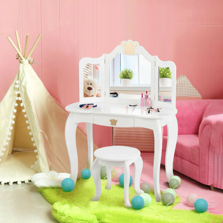 Kids Makeup Dressing Table Chair Set Princess Vanity and Tri-folding Mirror White Image 3