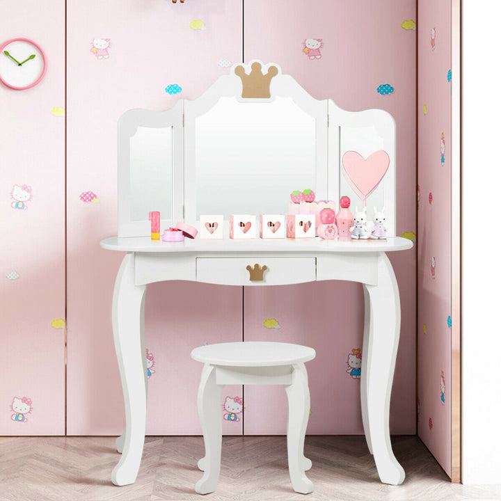 Kids Makeup Dressing Table Chair Set Princess Vanity and Tri-folding Mirror White Image 4