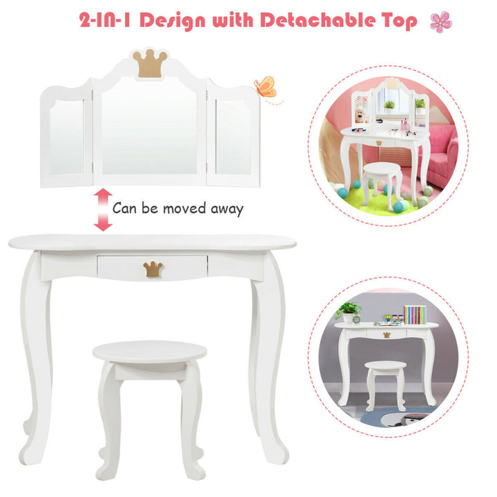 Kids Makeup Dressing Table Chair Set Princess Vanity and Tri-folding Mirror White Image 6