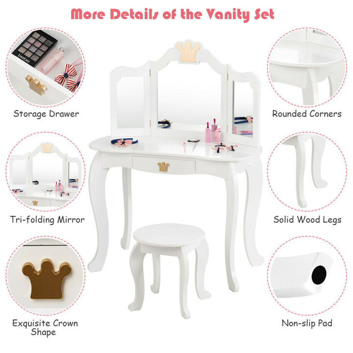 Kids Makeup Dressing Table Chair Set Princess Vanity and Tri-folding Mirror White Image 7