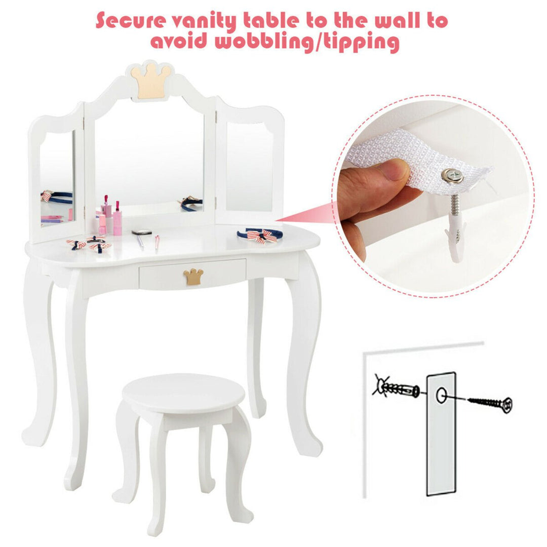 Kids Makeup Dressing Table Chair Set Princess Vanity and Tri-folding Mirror White Image 8