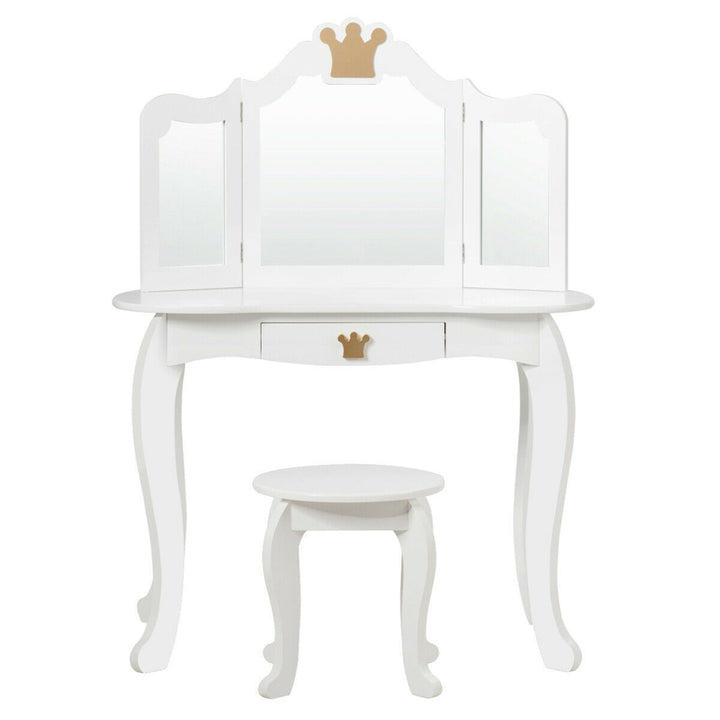 Kids Makeup Dressing Table Chair Set Princess Vanity and Tri-folding Mirror White Image 9