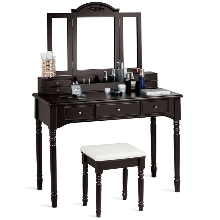 Vanity Set Makeup Table w/7 Drawers Tri-Folding Mirror Brown Image 2