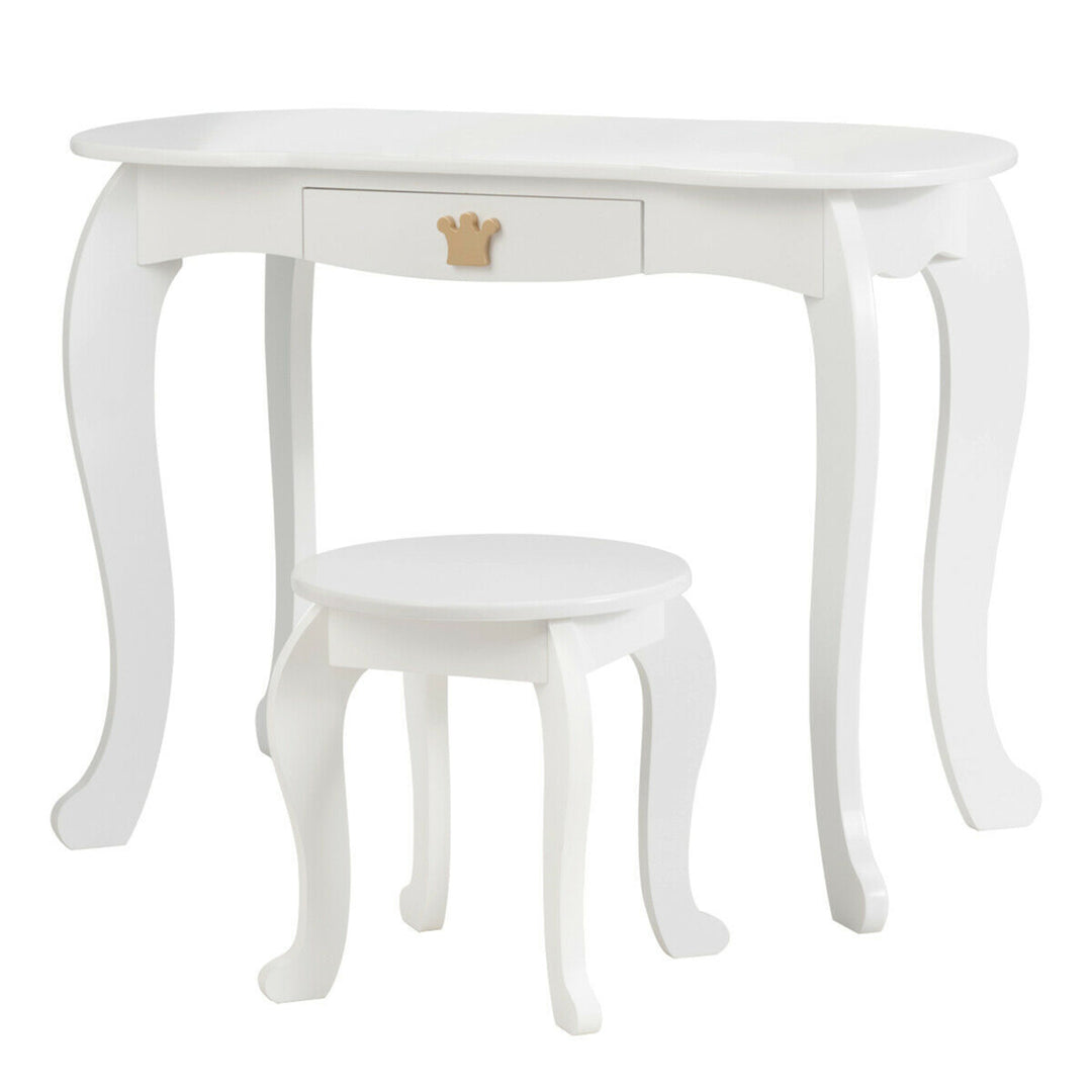 Kids Makeup Dressing Table Chair Set Princess Vanity and Tri-folding Mirror White Image 10