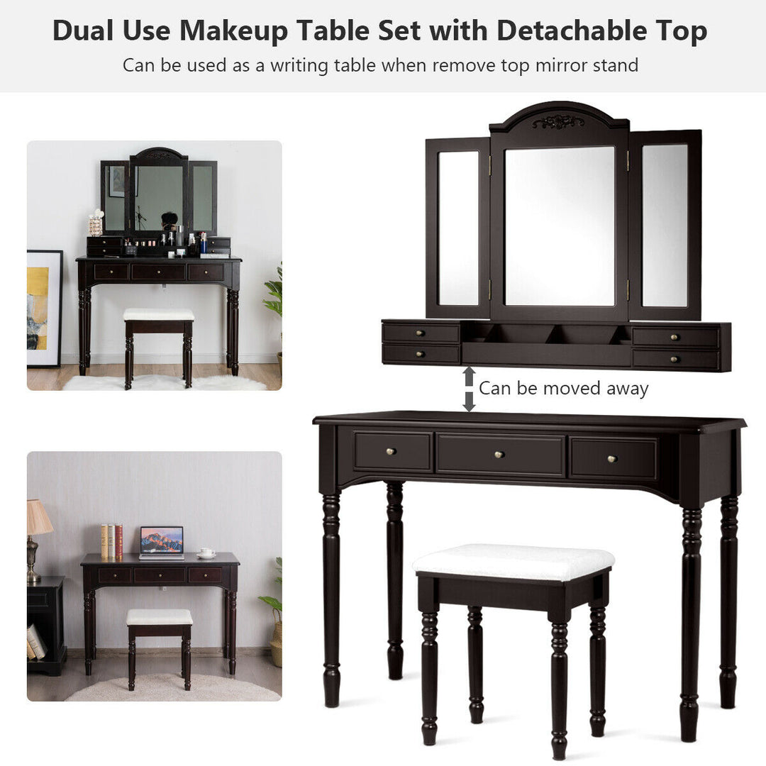 Vanity Set Makeup Table w/7 Drawers Tri-Folding Mirror Brown Image 8