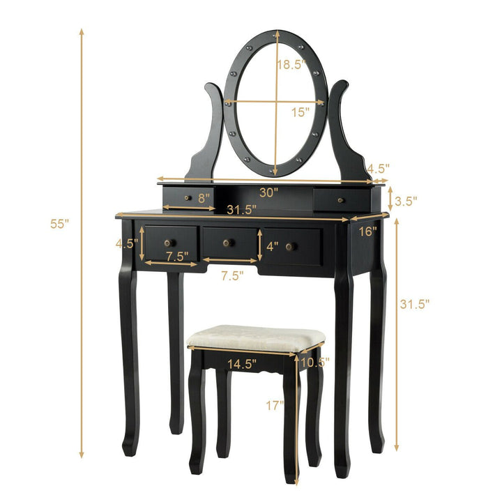 Vanity Set Makeup Dressing Table w/5 Drawers 12 LED Bulb Black Image 2