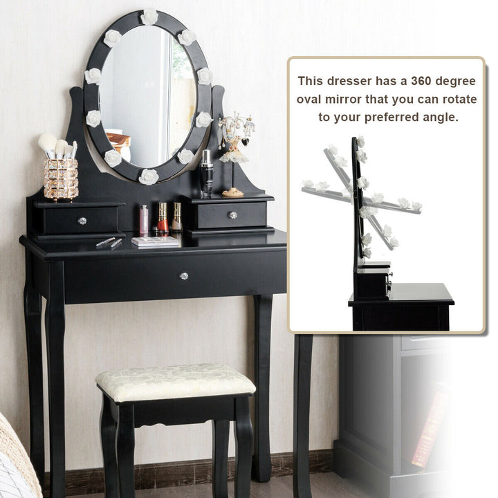 Bedroom Vanity Set Makeup Dressing Table w/3 Drawers 10 LED Bulb Black Image 5