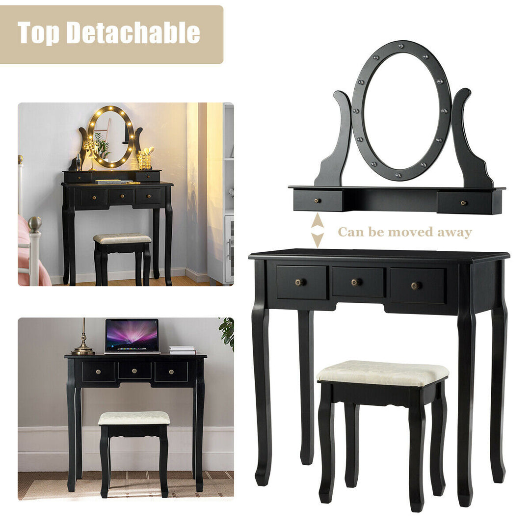 Vanity Set Makeup Dressing Table w/5 Drawers 12 LED Bulb Black Image 7