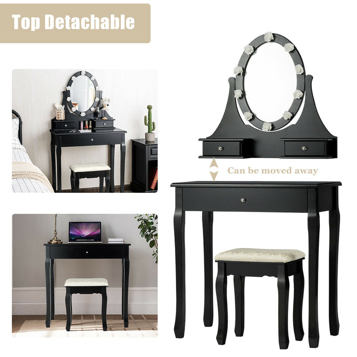 Bedroom Vanity Set Makeup Dressing Table w/3 Drawers 10 LED Bulb Black Image 7