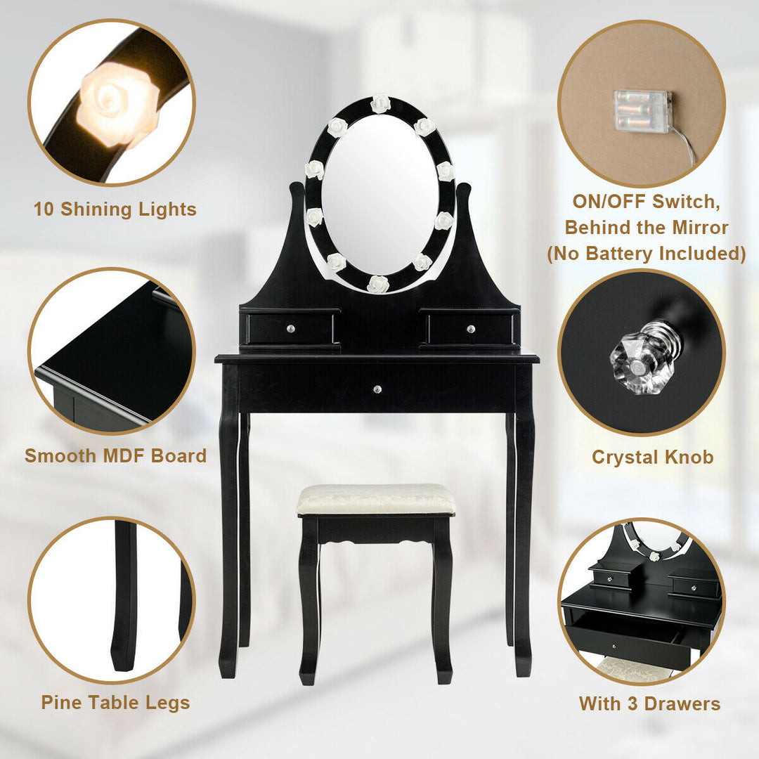 Bedroom Vanity Set Makeup Dressing Table w/3 Drawers 10 LED Bulb Black Image 9