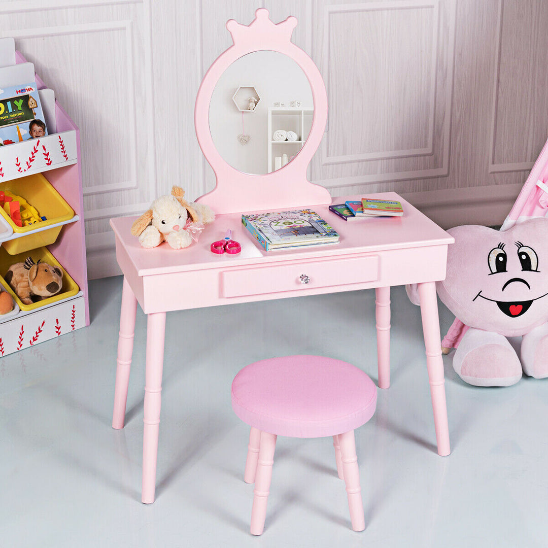 Kids Vanity Makeup Table and Chair Set Make Up Stool Play Set for Children Pink Image 1