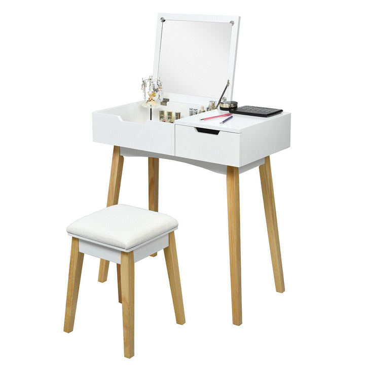 Vanity Makeup Table Cushioned Stool Set W/Flip Top Mirror and1 Drawer Writing Desk Image 2