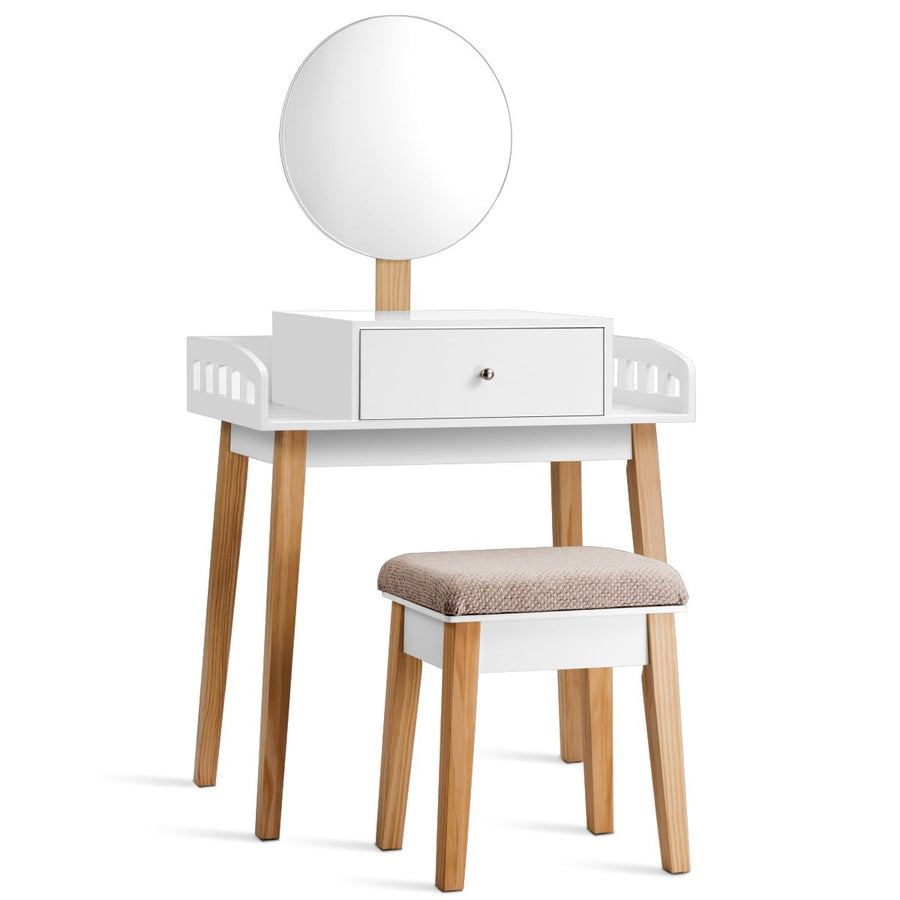 Makeup Dressing Table Stool Wooden Vanity Set w/ Round Mirror Drawer Image 1