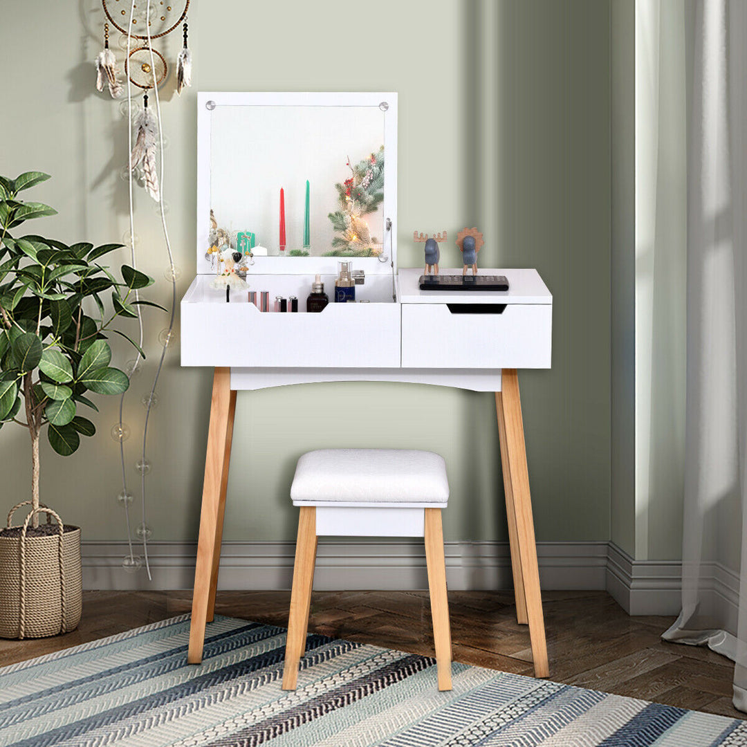 Vanity Makeup Table Cushioned Stool Set W/Flip Top Mirror and1 Drawer Writing Desk Image 4