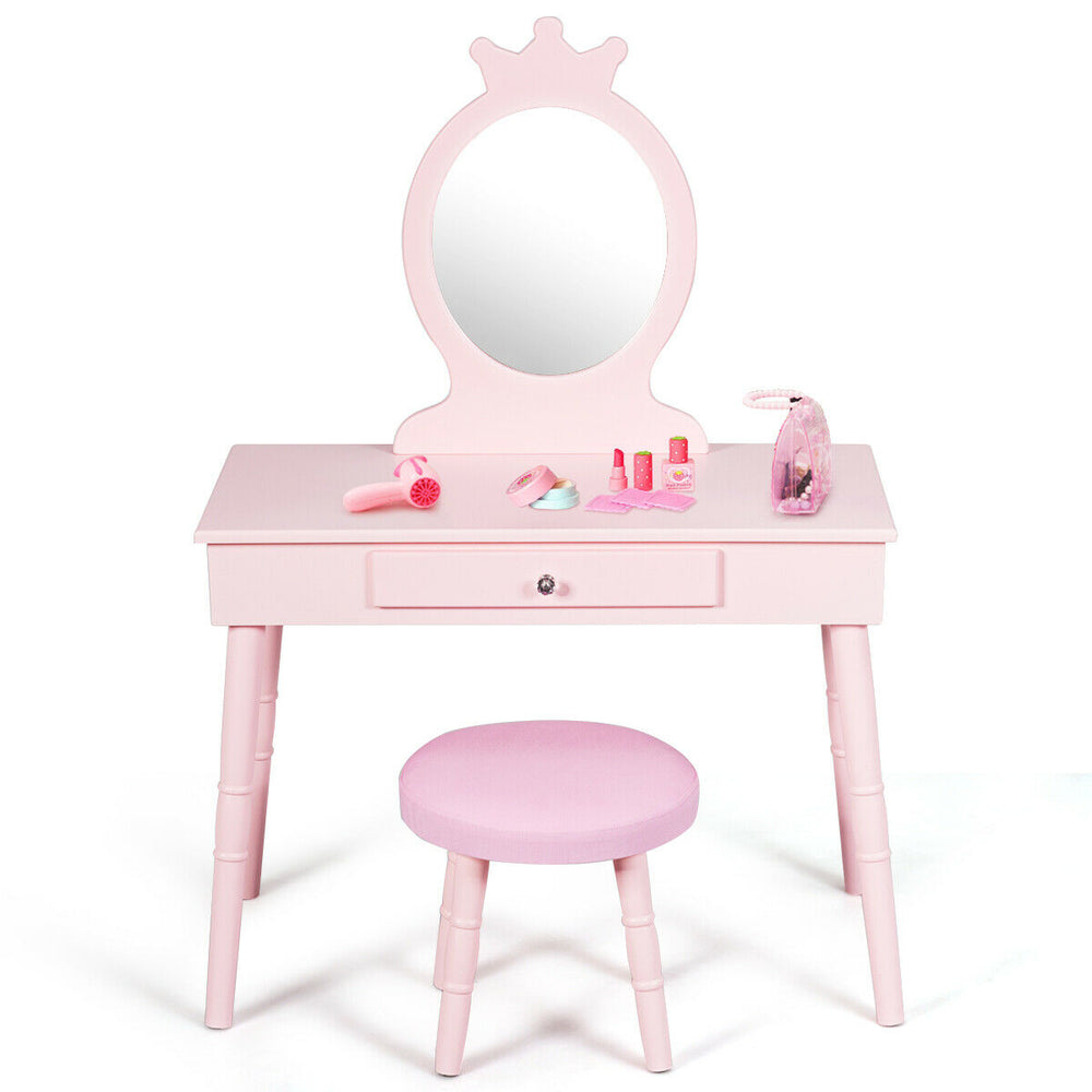 Kids Vanity Makeup Table and Chair Set Make Up Stool Play Set for Children Pink Image 2