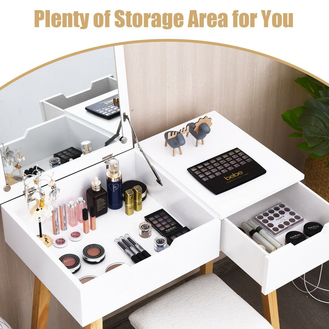 Vanity Makeup Table Cushioned Stool Set W/Flip Top Mirror and1 Drawer Writing Desk Image 5