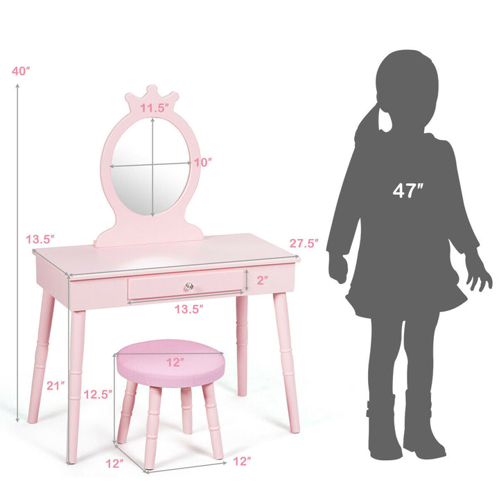 Kids Vanity Makeup Table and Chair Set Make Up Stool Play Set for Children Pink Image 3