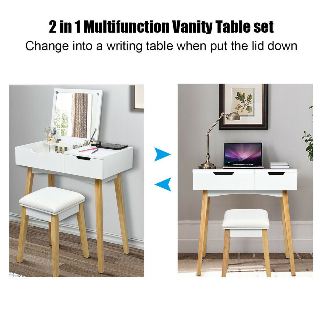 Vanity Makeup Table Cushioned Stool Set W/Flip Top Mirror and1 Drawer Writing Desk Image 6