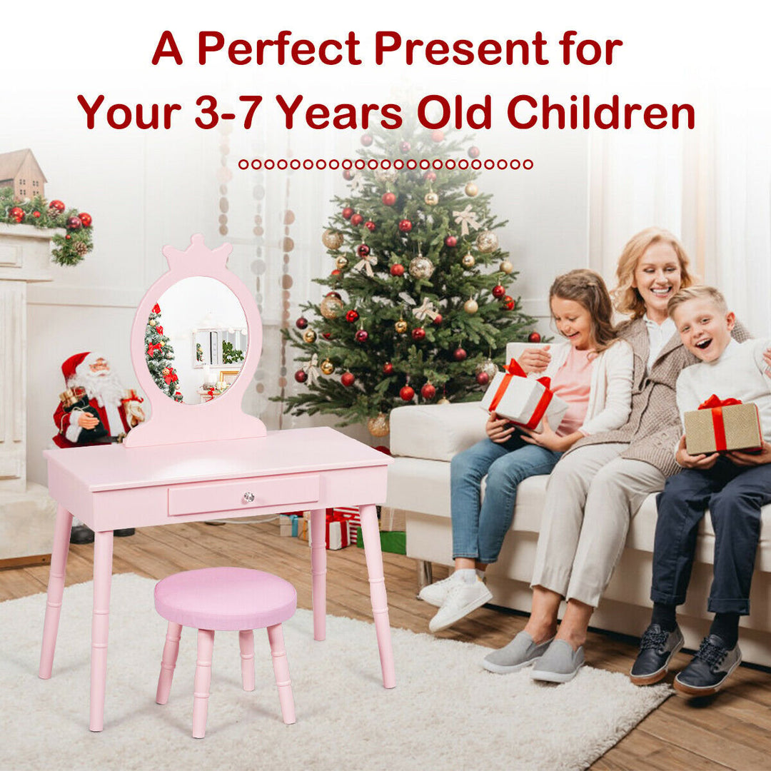 Kids Vanity Makeup Table and Chair Set Make Up Stool Play Set for Children Pink Image 5