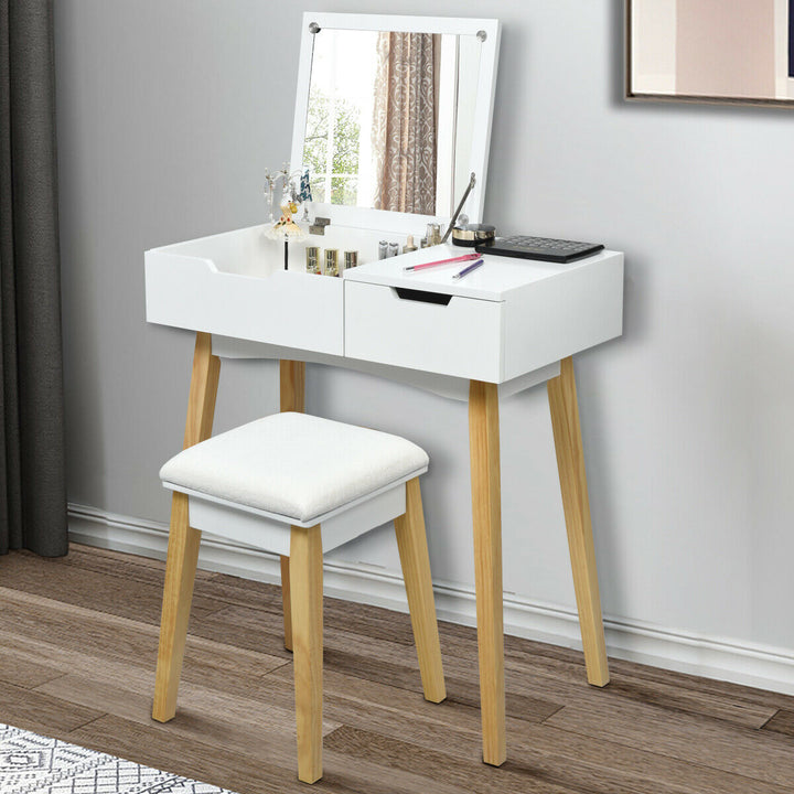 Vanity Makeup Table Cushioned Stool Set W/Flip Top Mirror and1 Drawer Writing Desk Image 8