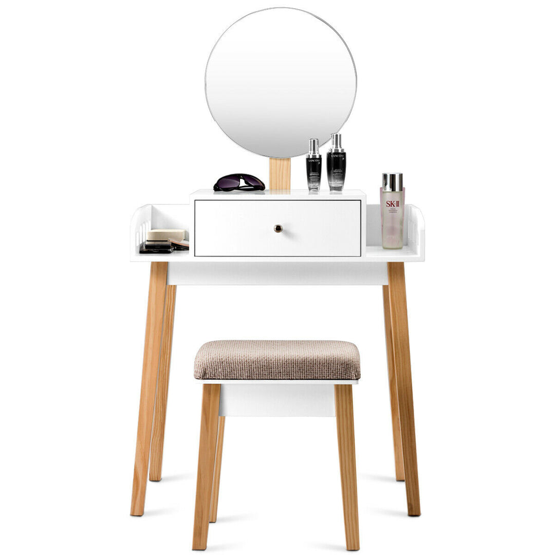 Makeup Dressing Table Stool Wooden Vanity Set w/ Round Mirror Drawer Image 6