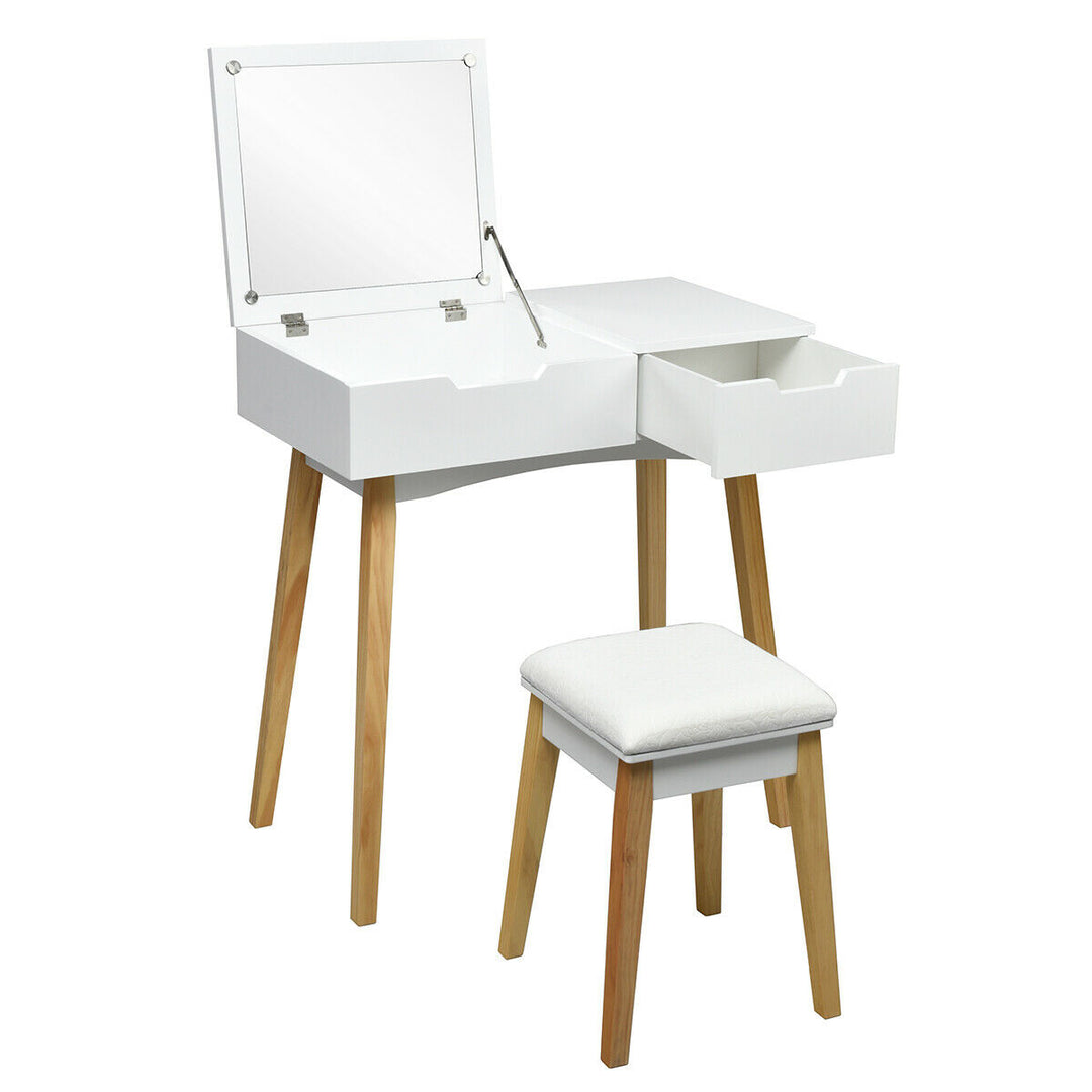 Vanity Makeup Table Cushioned Stool Set W/Flip Top Mirror and1 Drawer Writing Desk Image 9