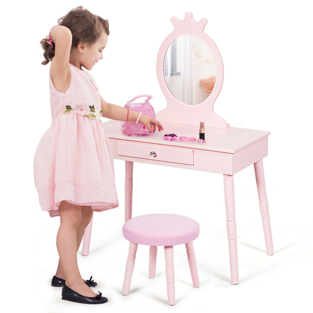 Kids Vanity Makeup Table and Chair Set Make Up Stool Play Set for Children Pink Image 8