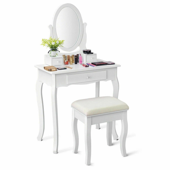 Makeup Dressing Table Stool Set w/ Drawers Mirror Vanity Set White Image 1