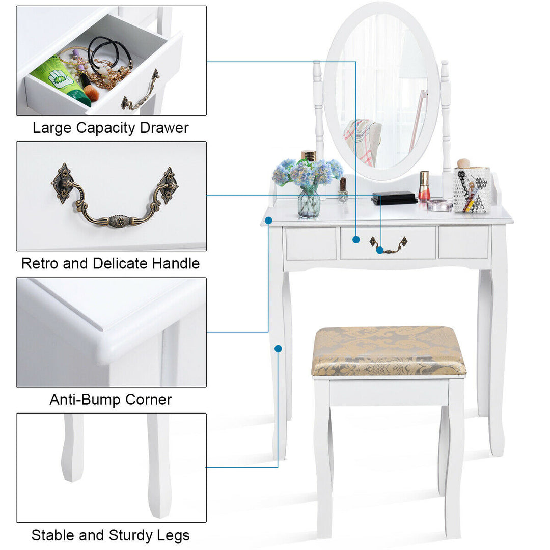 Makeup Dressing Table Stool Set w/ Drawers Mirror Vanity Set White Image 2