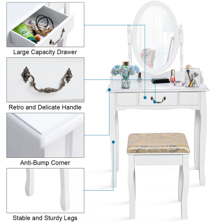 Makeup Dressing Table Stool Set w/ Drawers Mirror Vanity Set White Image 2